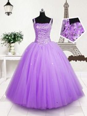 Lilac Sleeveless Beading and Sequins Floor Length Toddler Flower Girl Dress