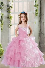 Fantastic Sleeveless Organza Floor Length Lace Up Kids Formal Wear in Lilac for with Lace and Ruffled Layers