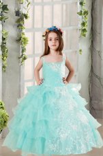 Luxurious Light Blue Lace Up Flower Girl Dresses Lace and Ruffled Layers Sleeveless Floor Length