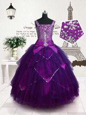 Spectacular Sleeveless Tulle Floor Length Lace Up Little Girls Pageant Gowns in Purple for with Belt