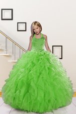 Wonderful Green Ball Gowns Organza Halter Top Sleeveless Beading and Ruffles Floor Length Lace Up Little Girls Pageant Dress Wholesale