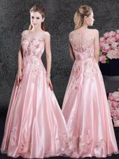 Popular Baby Pink Scoop Zipper Appliques Prom Dresses Cap Sleeves