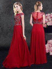 Extravagant Scoop Cap Sleeves Chiffon Floor Length Zipper Prom Dresses in Red for with Appliques