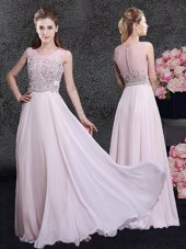 Designer Scoop Pink Empire Beading Dress for Prom Zipper Chiffon Sleeveless Floor Length