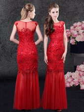 Mermaid Scoop Cap Sleeves Floor Length Zipper Prom Gown Red and In for Prom and Party and Military Ball and Wedding Party with Lace