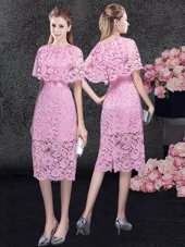 Pink Lace Zipper Scoop Half Sleeves Knee Length Womens Party Dresses Lace