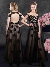 Stylish Black Short Sleeves Tulle Backless Evening Dress for Prom and Party and Military Ball and Wedding Party