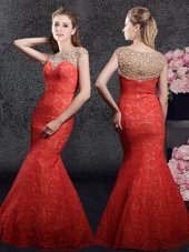 Mermaid Cap Sleeves Floor Length Beading and Lace Zipper Prom Evening Gown with Red