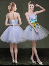 Organza Strapless Sleeveless Lace Up Appliques and Belt Cocktail Dresses in Lavender