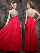 Luxurious Coral Red Empire V-neck Cap Sleeves Chiffon Floor Length Zipper Beading Prom Gown