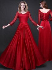Wine Red Long Sleeves Elastic Woven Satin Lace Up Prom Gown for Prom