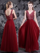 Modern Wine Red V-neck Side Zipper Beading Prom Dress Sleeveless