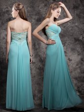 Custom Designed Sweetheart Sleeveless Prom Gown Floor Length Appliques Aqua Blue Chiffon
