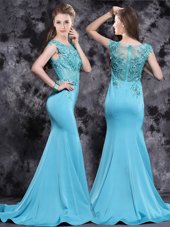 Mermaid Scoop Cap Sleeves With Train Zipper Prom Gown Aqua Blue and In for Prom with Appliques Brush Train
