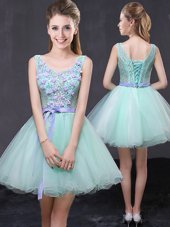 Great Scoop Apple Green A-line Lace and Hand Made Flower Custom Made Lace Up Organza Sleeveless Mini Length