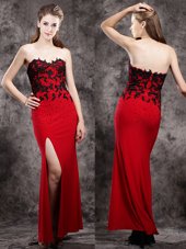 Sweetheart Sleeveless Homecoming Dress Ankle Length Beading and Appliques Red Elastic Woven Satin
