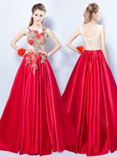 Vintage Scoop Sleeveless Elastic Woven Satin Floor Length Lace Up Prom Evening Gown in Red for with Appliques