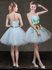 Light Blue Lace Up Strapless Appliques and Belt Teens Party Dress Organza Sleeveless