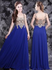 Noble Royal Blue Chiffon Side Zipper Scoop Sleeveless Floor Length Homecoming Dress Appliques