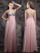 Sleeveless Floor Length Beading and Sequins Zipper Prom Party Dress with Baby Pink