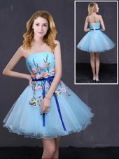 Gorgeous Baby Blue Sleeveless Mini Length Appliques and Belt Lace Up Casual Dresses