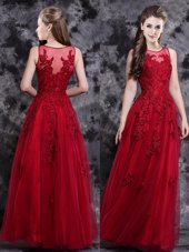 High Class Wine Red Tulle Side Zipper Scoop Sleeveless Floor Length Prom Evening Gown Appliques