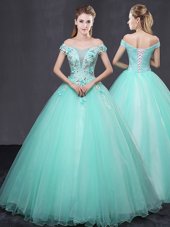 Off the Shoulder Floor Length Lace Up 15th Birthday Dress Apple Green and In for Military Ball and Sweet 16 and Quinceanera with Appliques
