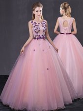 Pretty Scoop Baby Pink Sleeveless Floor Length Appliques Lace Up Quinceanera Dress