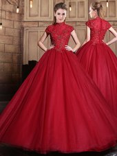 Artistic Wine Red Short Sleeves Tulle Zipper Quinceanera Gowns for Military Ball and Sweet 16 and Quinceanera