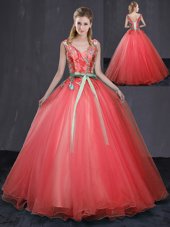 Custom Designed Coral Red Ball Gowns V-neck Sleeveless Tulle Floor Length Lace Up Appliques and Belt Sweet 16 Dress