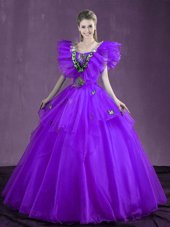 Vintage Purple Organza Lace Up Sweetheart Sleeveless Floor Length Quinceanera Dresses Appliques and Ruffles