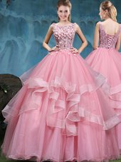 Baby Pink Sweet 16 Quinceanera Dress Military Ball and Sweet 16 and Quinceanera and For with Lace and Appliques and Ruffles Scoop Sleeveless Lace Up