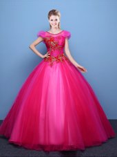 Nice Ball Gowns Sweet 16 Quinceanera Dress Hot Pink Scoop Tulle Short Sleeves Floor Length Lace Up