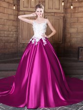 Latest Scoop Sleeveless Quinceanera Gowns With Train Court Train Appliques Fuchsia Elastic Woven Satin