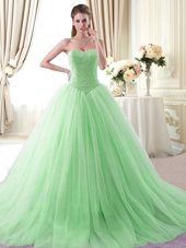 Tulle Sweetheart Sleeveless Brush Train Lace Up Beading Sweet 16 Dress in Apple Green