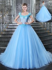 Great Light Blue Straps Lace Up Beading and Appliques Quinceanera Gowns Brush Train Sleeveless