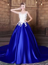 Lovely Court Train Ball Gowns 15th Birthday Dress Royal Blue Scoop Elastic Woven Satin Sleeveless With Train Lace Up