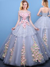 Scoop Cap Sleeves Tulle Quinceanera Dresses Appliques Lace Up