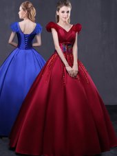 Modern Wine Red Ball Gowns Embroidery 15th Birthday Dress Lace Up Satin Sleeveless Floor Length