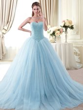 Light Blue Sleeveless Beading Floor Length Quinceanera Gown