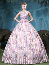 Perfect Straps Sleeveless Quinceanera Gowns Floor Length Appliques and Pattern Multi-color Tulle