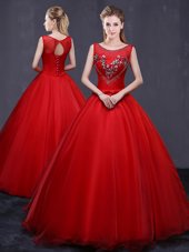 Classical Scoop Red Sleeveless Beading and Embroidery Floor Length Quinceanera Dresses