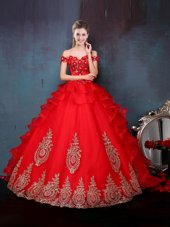 Latest Off the Shoulder Floor Length Ball Gowns Sleeveless Red Quinceanera Dresses Lace Up