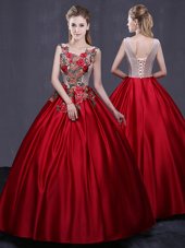 Scoop Wine Red Sleeveless Appliques Floor Length Ball Gown Prom Dress