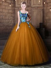 One Shoulder Brown Ball Gowns Pattern Quinceanera Dress Lace Up Tulle Sleeveless Floor Length