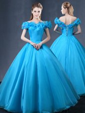 Tulle Off The Shoulder Cap Sleeves Lace Up Appliques 15th Birthday Dress in Baby Blue