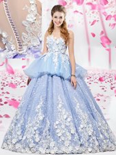 Shining Scoop Sleeveless Organza and Tulle Floor Length Lace Up Sweet 16 Dress in Lavender for with Lace and Appliques