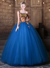 Blue One Shoulder Lace Up Pattern Quinceanera Gown Sleeveless