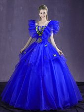 Royal Blue Lace Up Quinceanera Dresses Appliques and Ruffles Sleeveless Floor Length