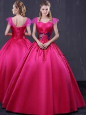 Fashionable Hot Pink Lace Up V-neck Appliques Sweet 16 Dress Satin Cap Sleeves